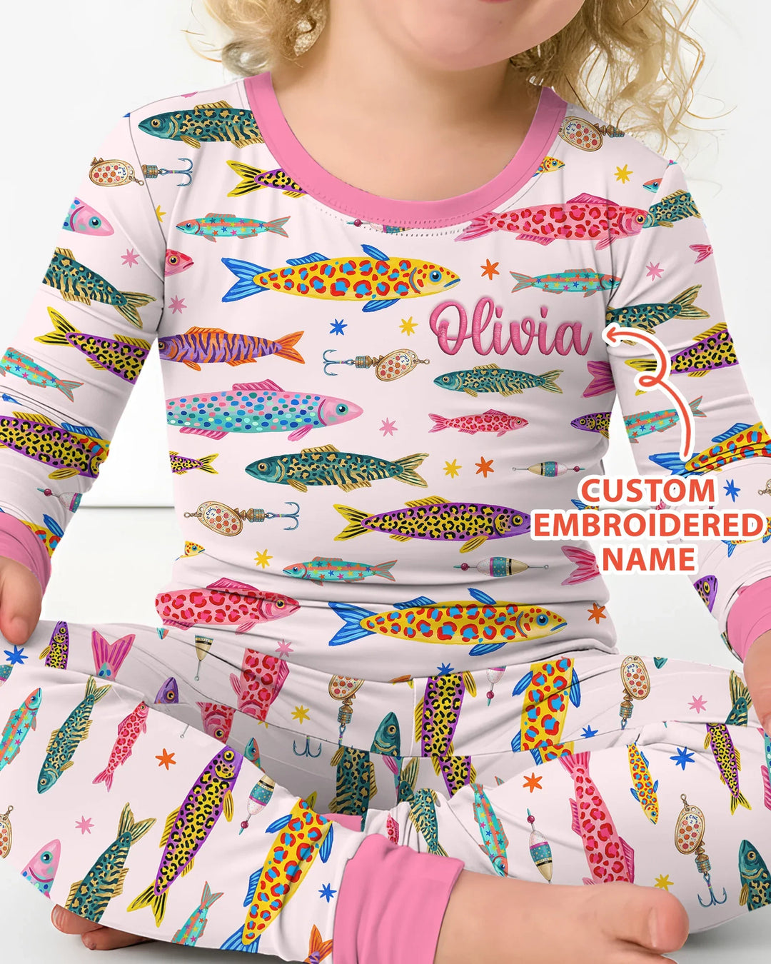 Custom Name Embroidered Colorful Fish Bamboo Two Piece Long Sleeve Pajama Set