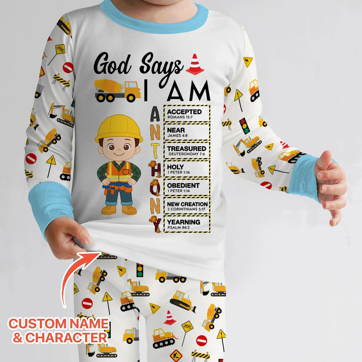 Custom Name God Says I Am Little Builder Letter in Bible Bamboo Two Piece Long Sleeve Pajama Set