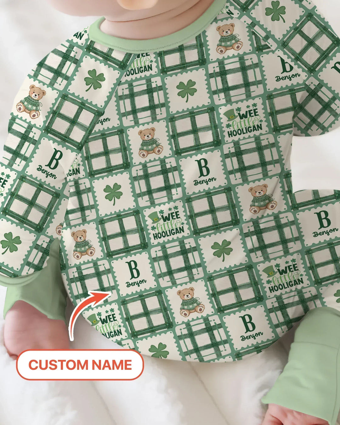 Custom Name Teddy Bear Gingham St. Patrick's Day Bamboo Convertible Zippy