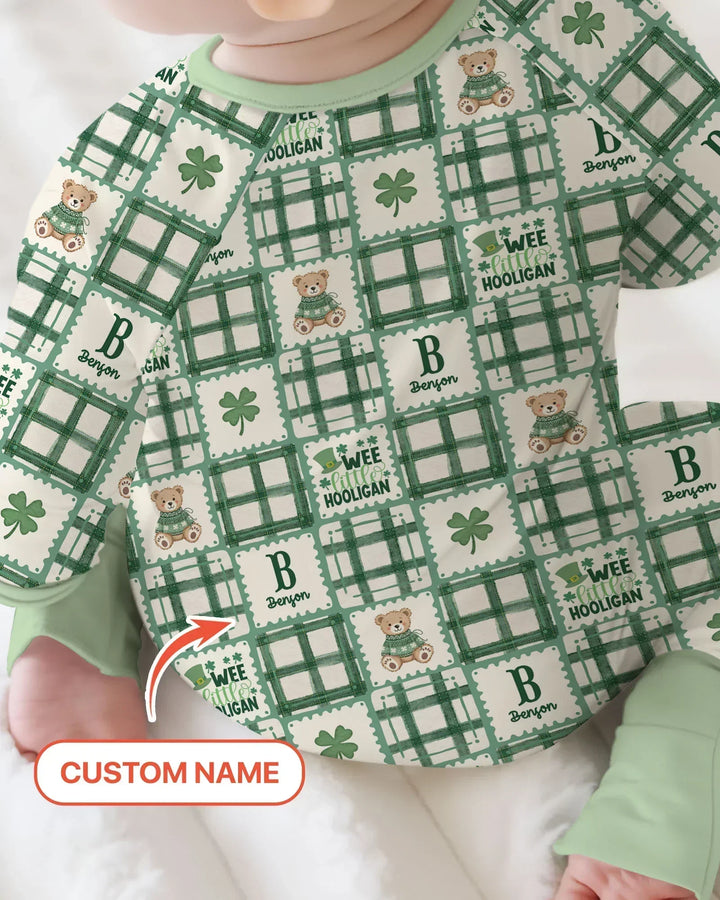 Custom Name Teddy Bear Gingham St. Patrick's Day Bamboo Convertible Zippy