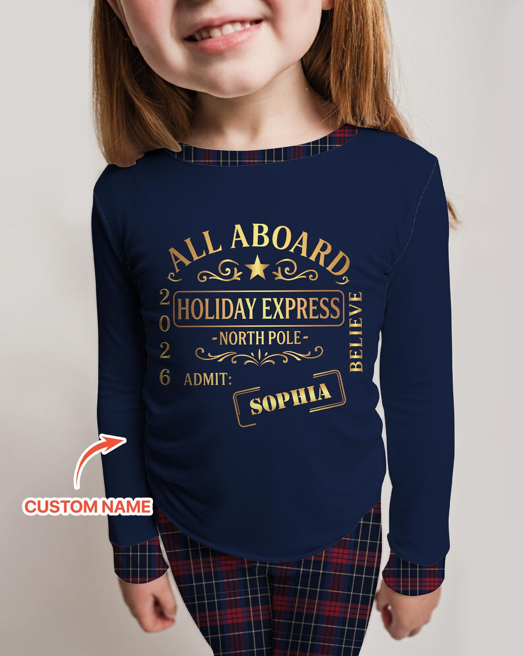 Custom Name North Pole Plaid Bamboo Two Piece Long Sleeve Pajama Set