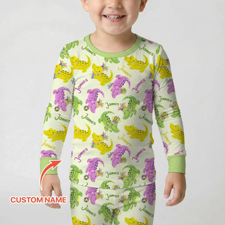 Custom Name Mardi Gras Alligator Bamboo Two Piece Long Sleeve Pajama Set