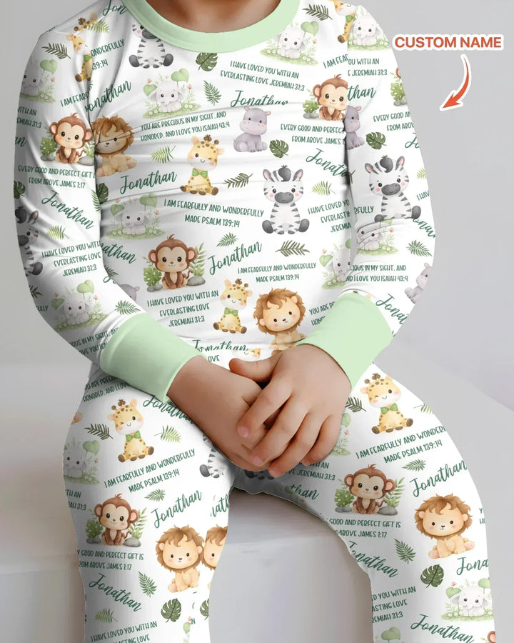 Custom Name Bible Verse Safari Animal Bamboo Two Piece Long Sleeve Pajama Set