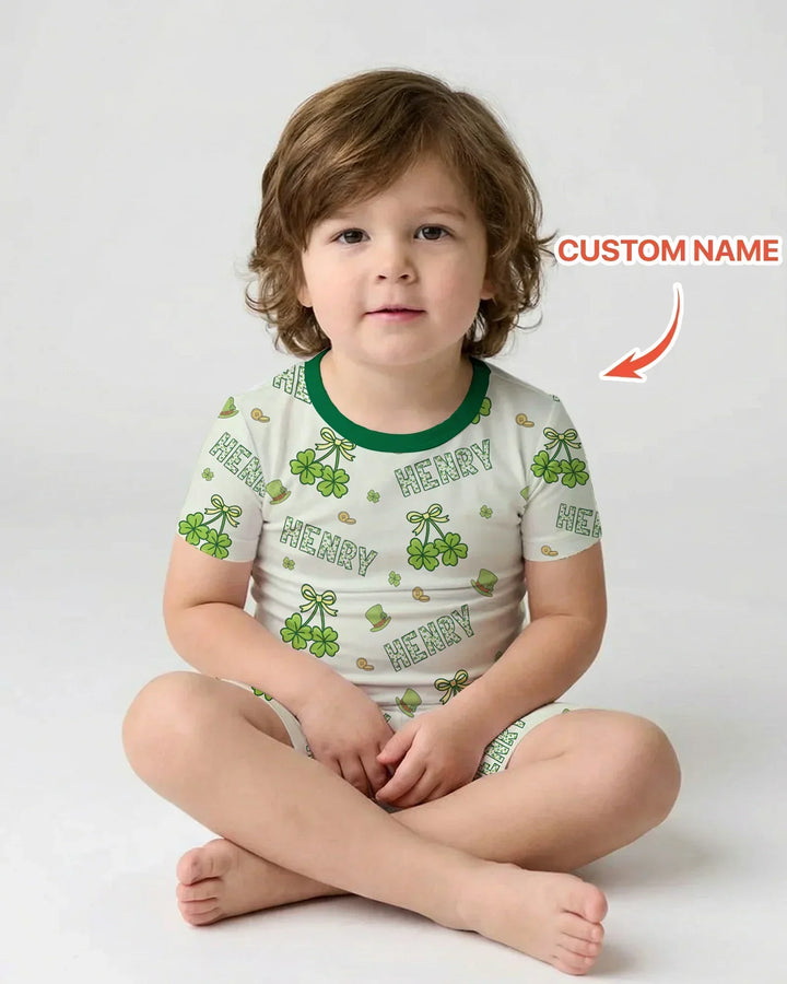 Custom Name Lucky Little Shamrock Bamboo Two Piece Short Sleeve Shorts Pajama Set