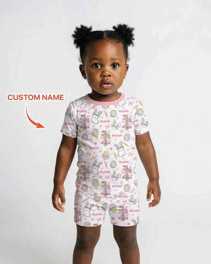 Custom Name Retro Easter Bamboo Two Piece Short Sleeve Shorts Pajama Set