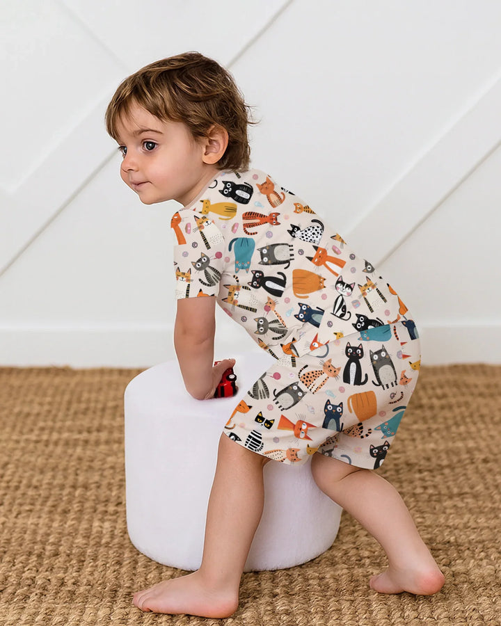 Goofy Mischief Cat Family Matching Bamboo Two Piece Short Sleeve Shorts Pajama Set