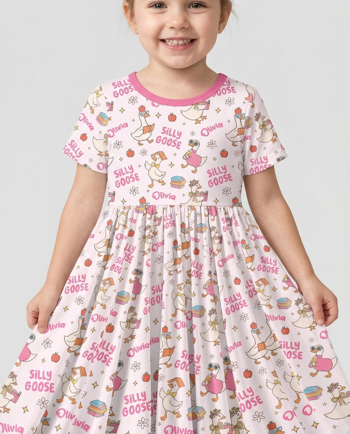 Custom Name Silly Goose Back to School Bamboo Twirl Dress