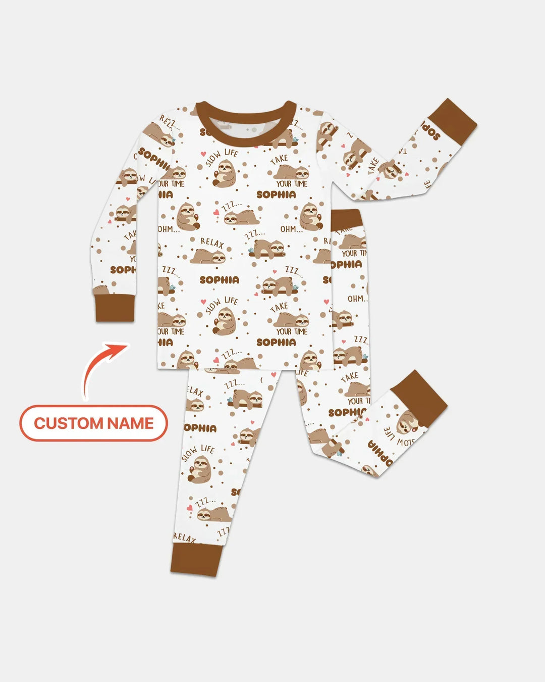 Custom Name Cute Sloth Bamboo Two Piece Long Sleeve Pajama Set