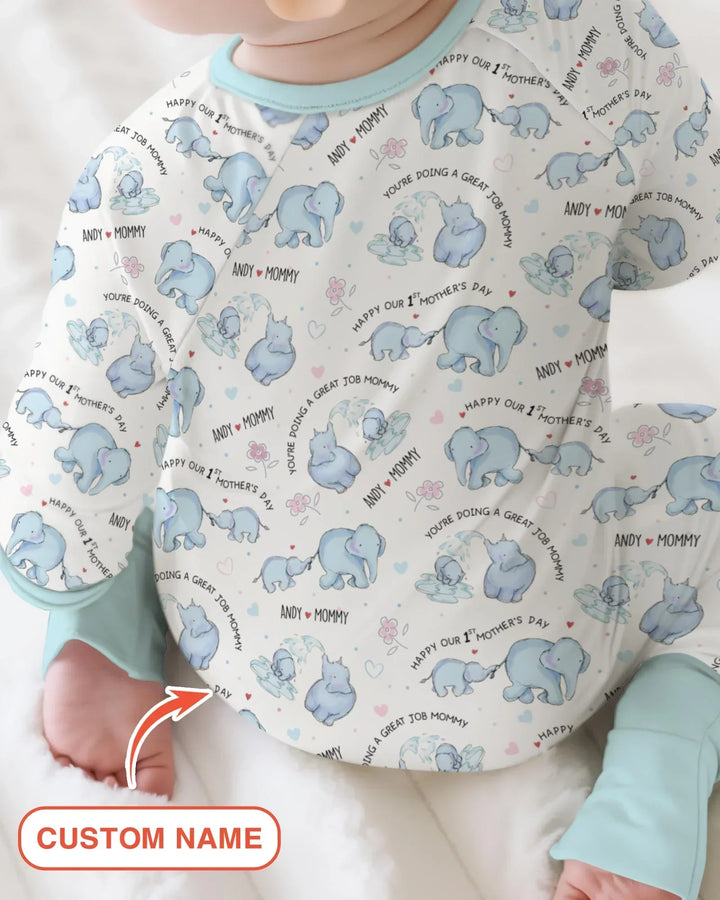 Custom Name Mother & Baby Elephant Bamboo Convertible Zippy