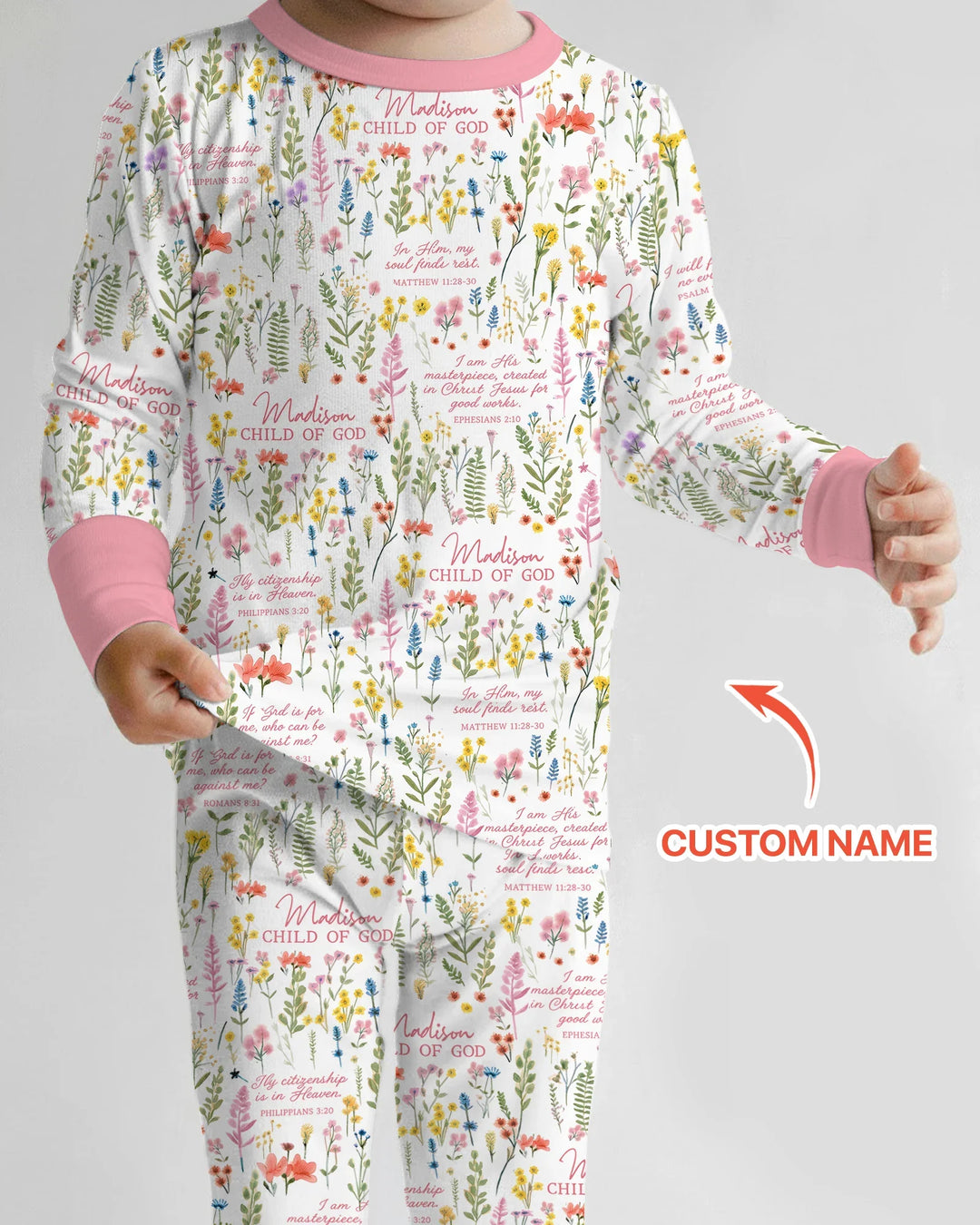 Custom Name Child of God Flower Garden Bamboo Two Piece Long Sleeve Pajama Set