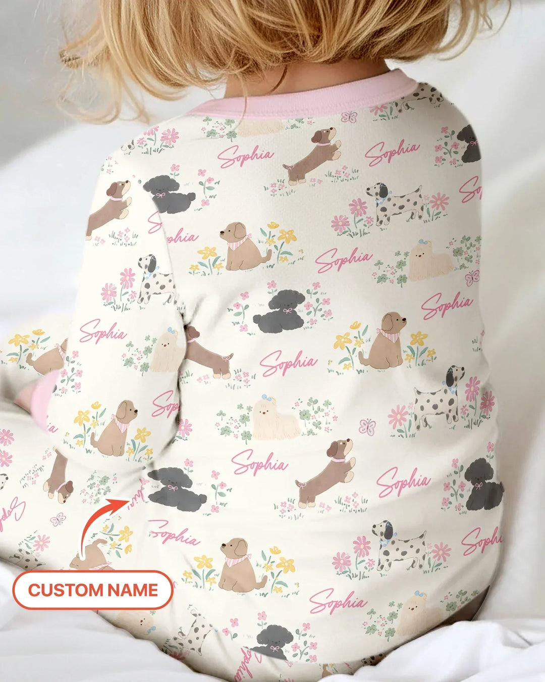 Custom Name Flower Dogs Bamboo Two Piece Long Sleeve Pajama Set