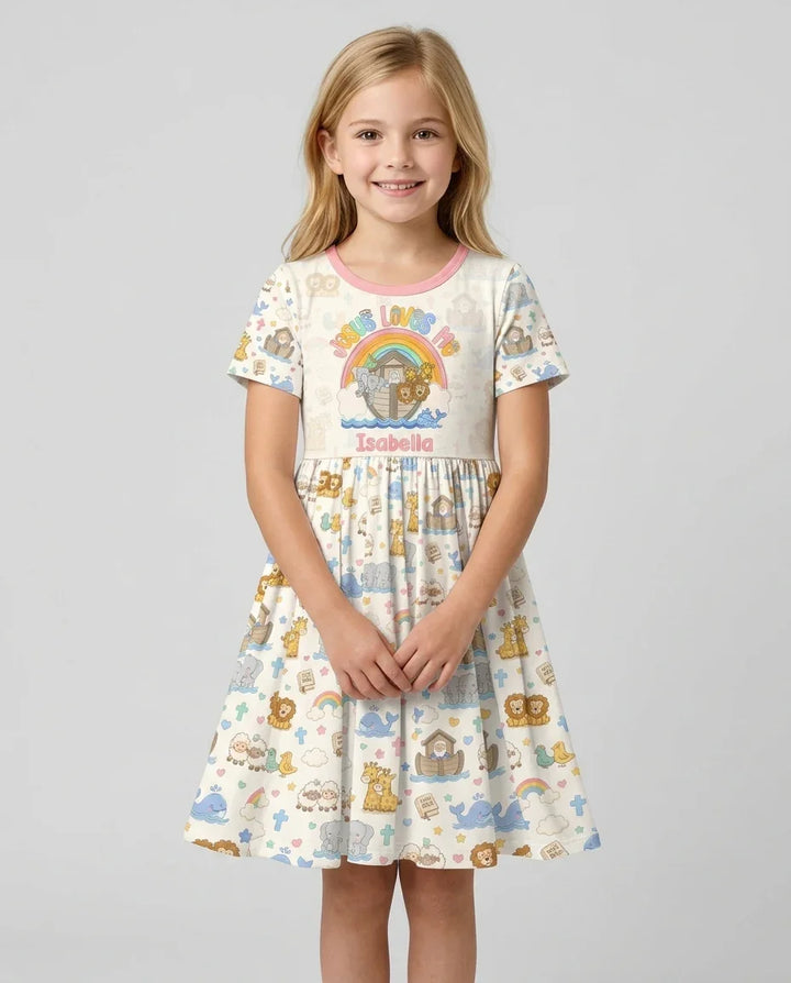Custom Name Noah's Ark Jesus Loves Me Bamboo Twirl Dress