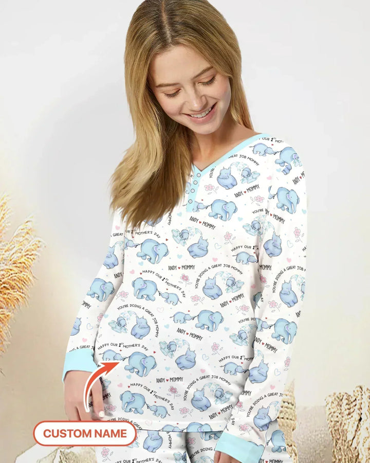 Custom Name Mother & Baby Elephant Bamboo Women Pajama Set