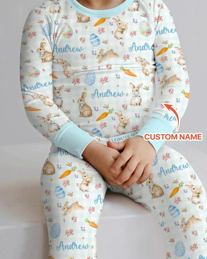 Custom Name Bunny Garden Bamboo Two Piece Long Sleeve Pajama Set