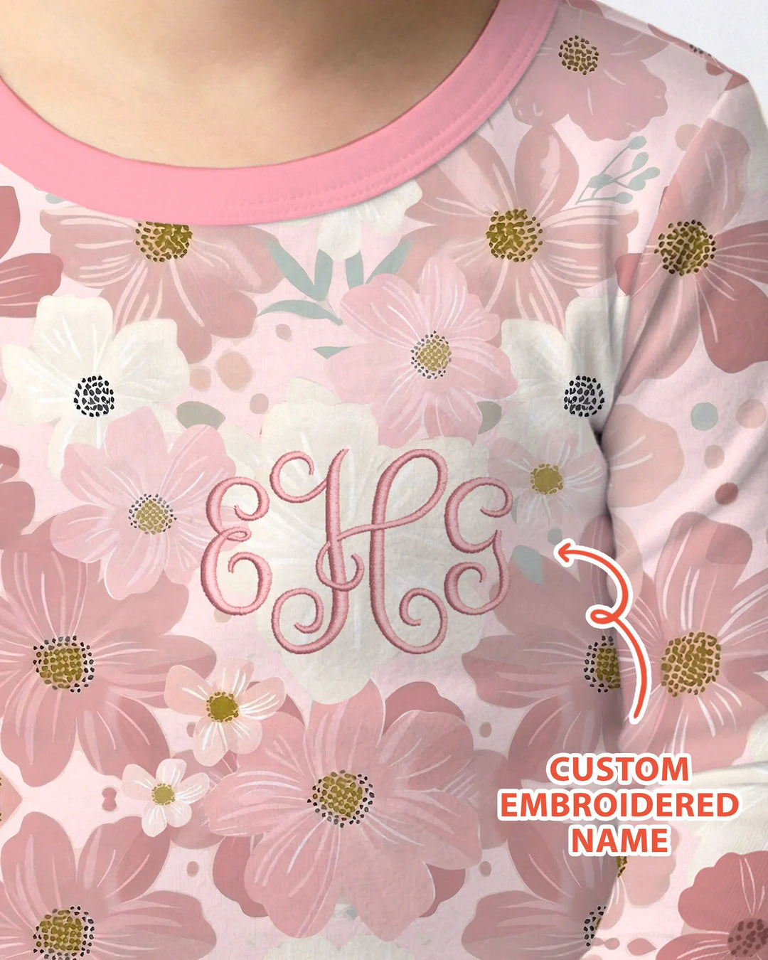 Custom Embroidered Name Floral Bamboo Two Piece Long Sleeve Pajama Set