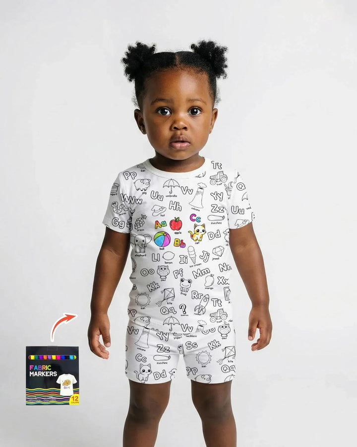All Colorable Alphabet Bamboo Two Piece Short Sleeve Shorts Pajama Set