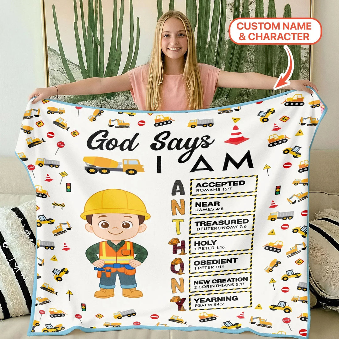Custom Name God Says I Am Little Builder Letter in Bible Bamboo Blanket
