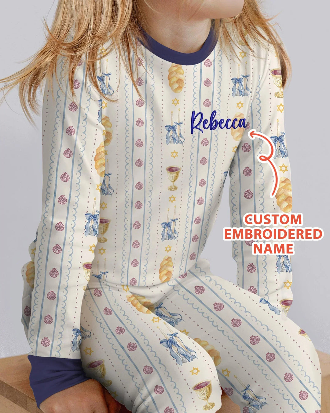 Custom Embroidered Name Shabbat Matching With Mom Bamboo Two Piece Long Sleeve Pajama Set