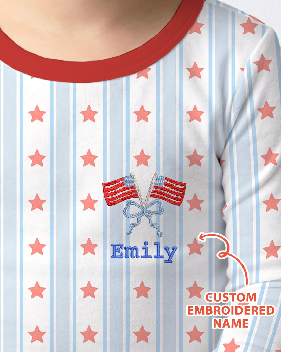 Custom Name Embroidered First 4th Of July Baby Bamboo Two Piece Long Sleeve Pajama Set