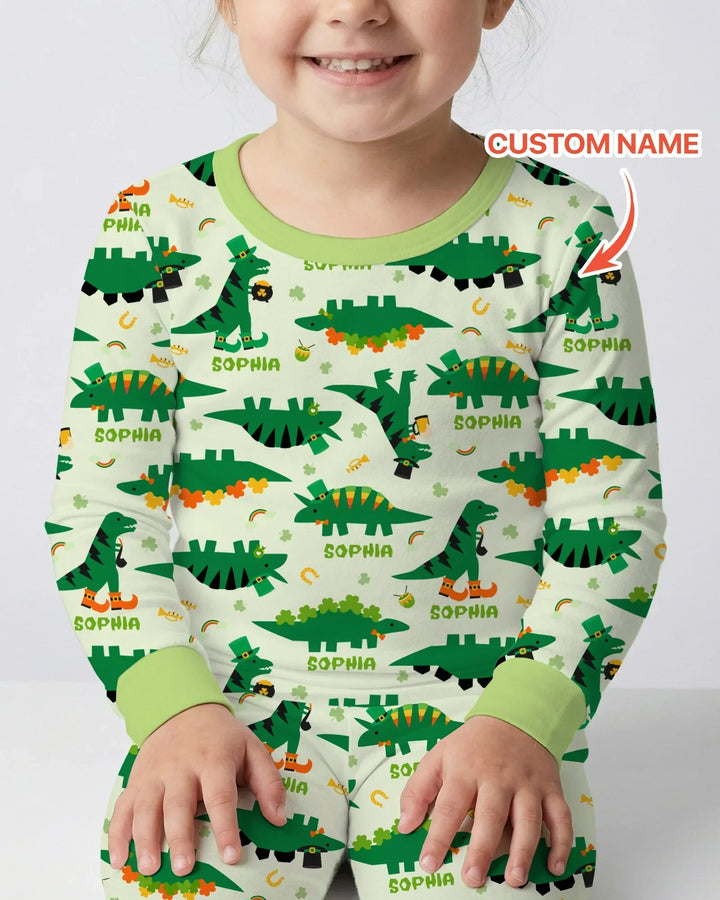 St. Patrick's Day Dinosaurs Custom Bamboo Two Piece Long Sleeve Pajama Set