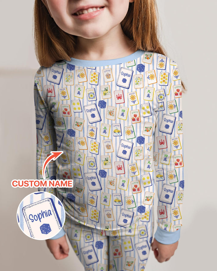 Coastal Mahjong Custom Name Mommy & Me Matching Bamboo Two Piece Long Sleeve Pajama Set
