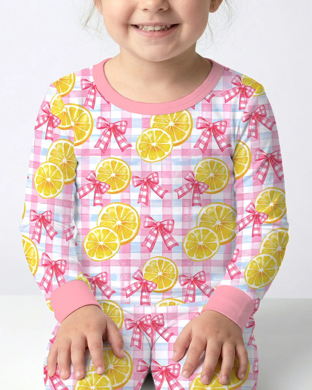 Pink Lemons Bows Checkered Bamboo Two Piece Long Sleeve Pajama Set