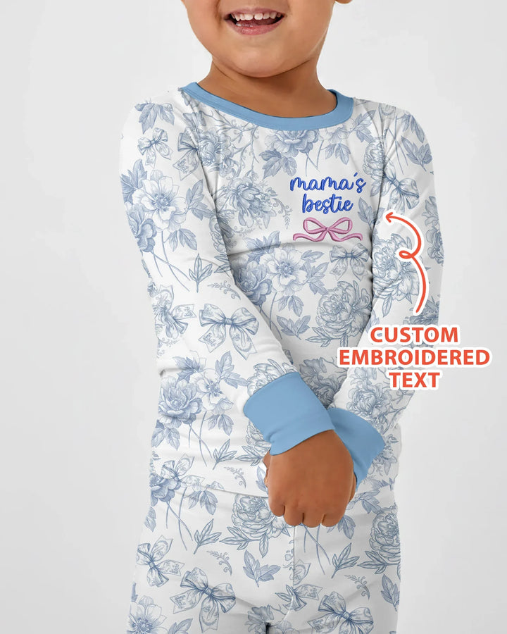 Custom Embroidered Mommy and Me Toile Matching Bamboo Two Piece Long Sleeve Pajama Set