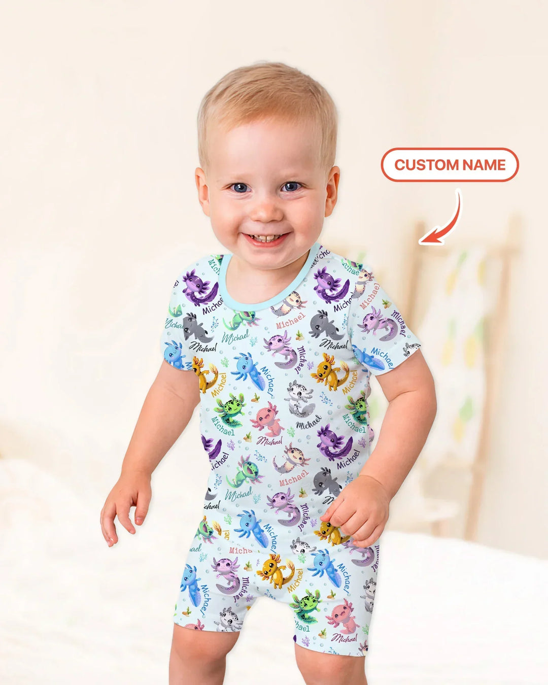 I Love You Axolotl Custom Name Bamboo Two Piece Short Sleeve Shorts Pajama Set