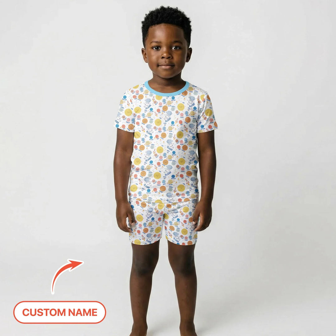 Custom Name Little's Kid into Universer Bamboo Two Piece Short Sleeve Shorts Pajama Set