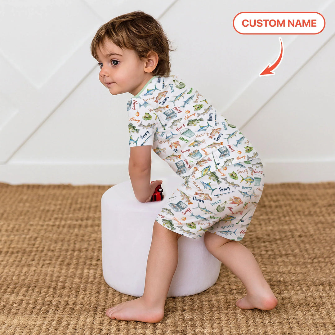 Happy Fishing Adventure Custom Name Bamboo Two Piece Short Sleeve Shorts Pajama Set