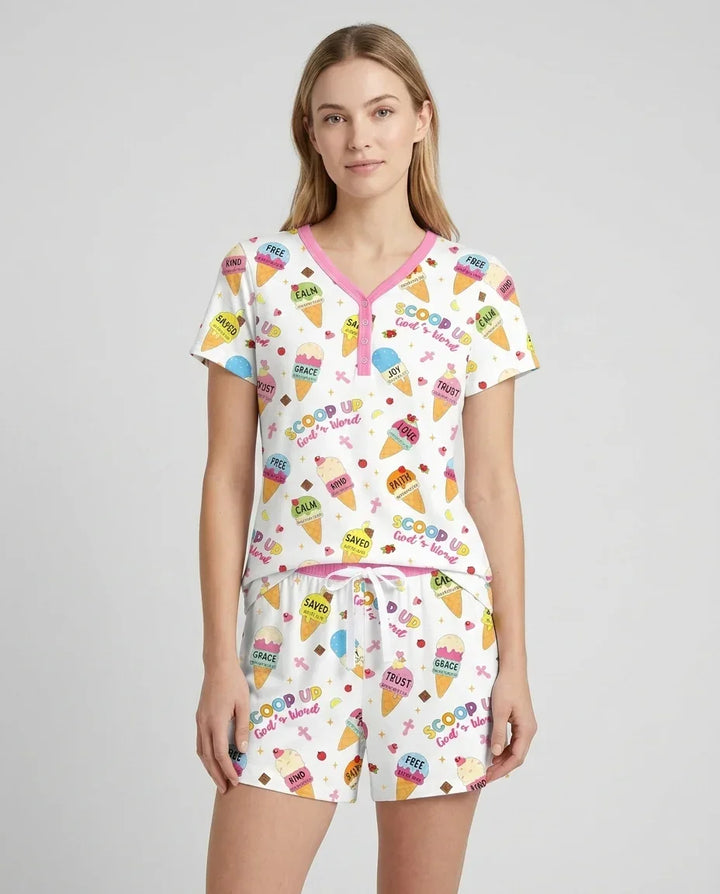 Ice Cream Summer Christian  Bamboo Women Short Sleeve Short Pajama Set