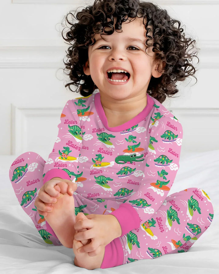 Embroidered Summer Alligator Bamboo Two Piece Long Sleeve Pajama Set