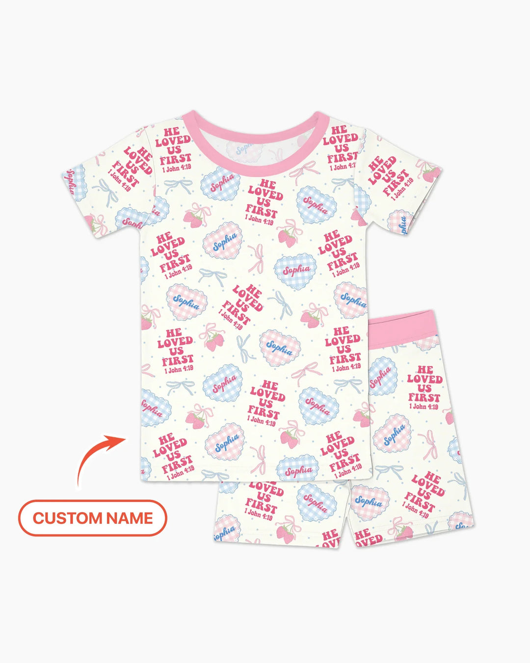 He Loved Us First Custom Name Bamboo Two Piece Short Sleeve Shorts Pajama Set