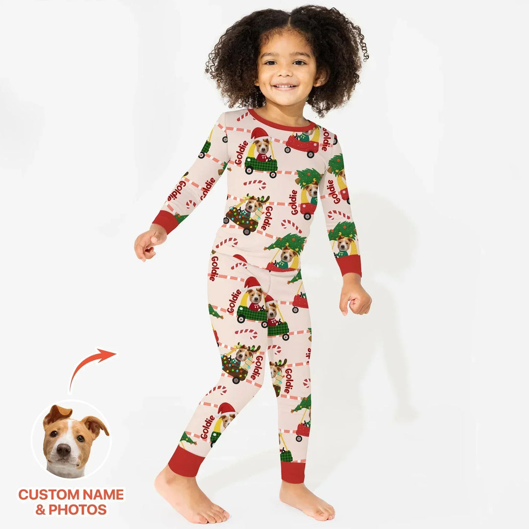 Custom Pet Photo Christmas Tikes Car Bamboo Two Piece Long Sleeve Pajama Set