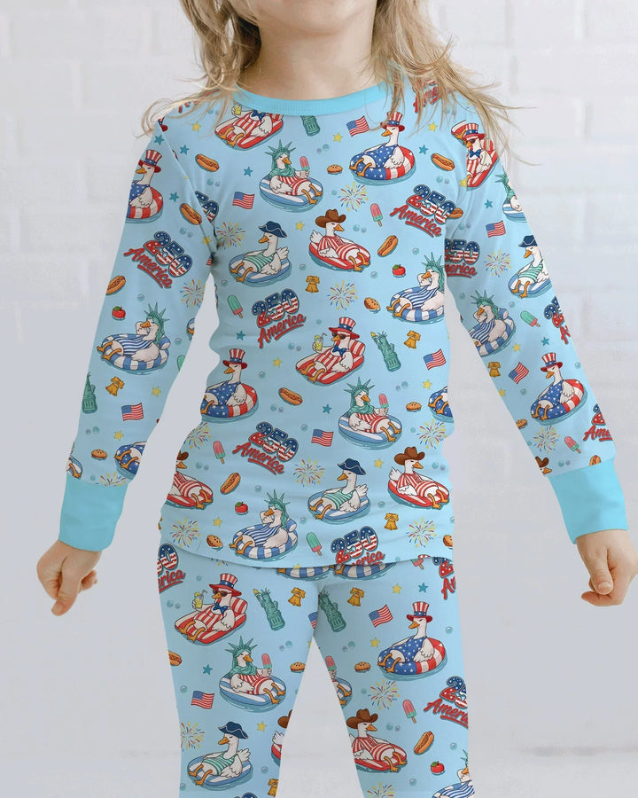 250 America Patriotic Goose Family Matching Bamboo Two Piece Long Sleeve Pajama Set