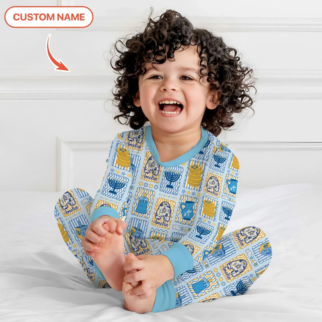 Custom Name Hanukkah Wonderland Bamboo Two Piece Long Sleeve Pajama Set