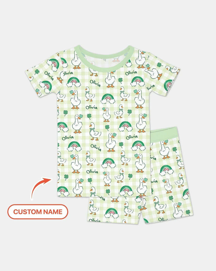 Custom Name Lucky Ducks Bamboo Two Piece Short Sleeve Shorts Pajama Set