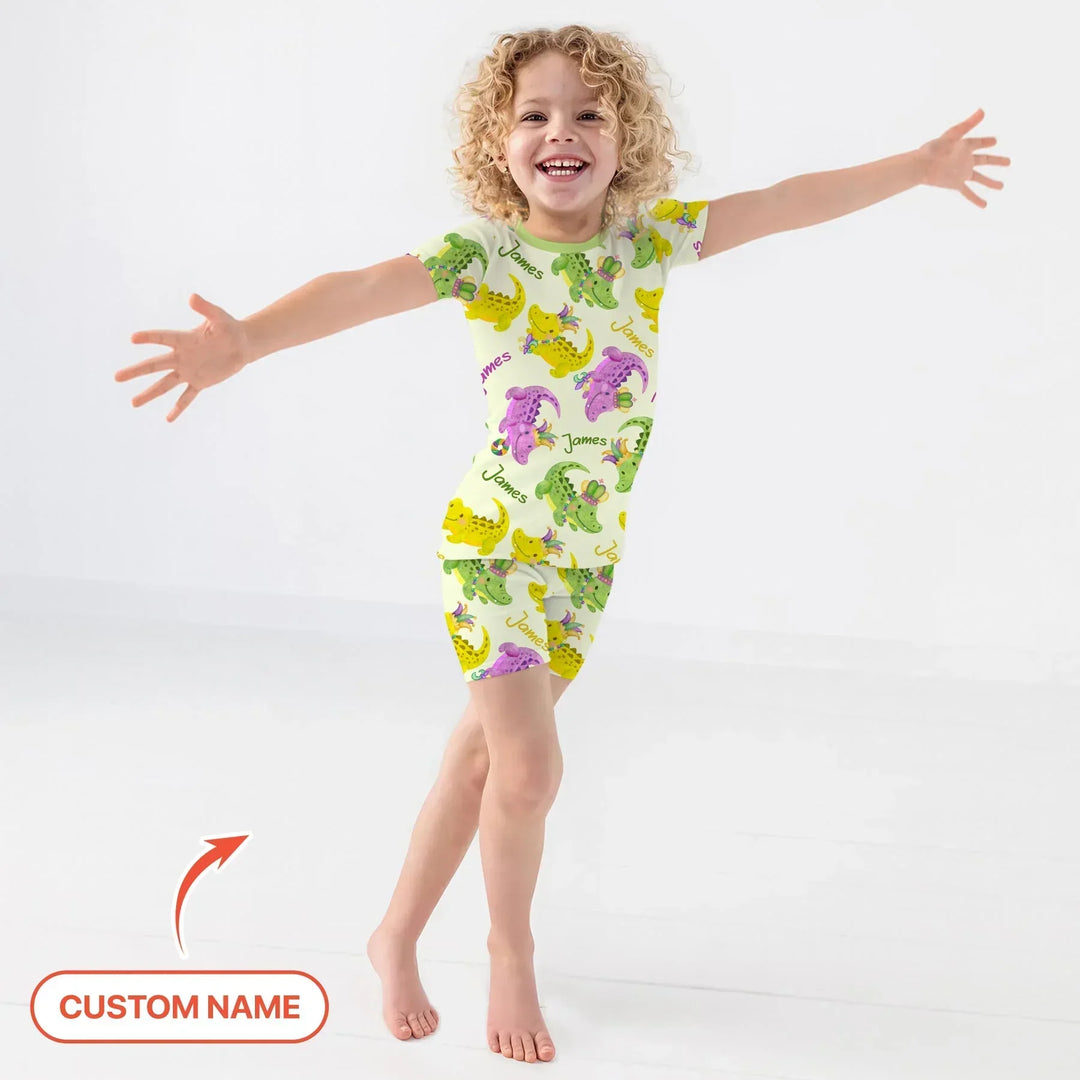 Custom Name Mardi Gras Alligator Bamboo Two Piece Short Sleeve Shorts Pajama Set