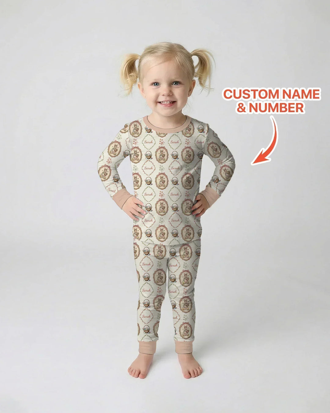 Vintage Bunny Easter Custom Name Mommy & Me Matching Bamboo Two Piece Long Sleeve Pajama Set