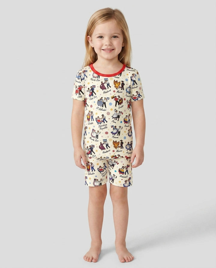 Hispanic Traditional Folkloric Dress Bamboo Two Piece Short Sleeve Shorts Pajama Set