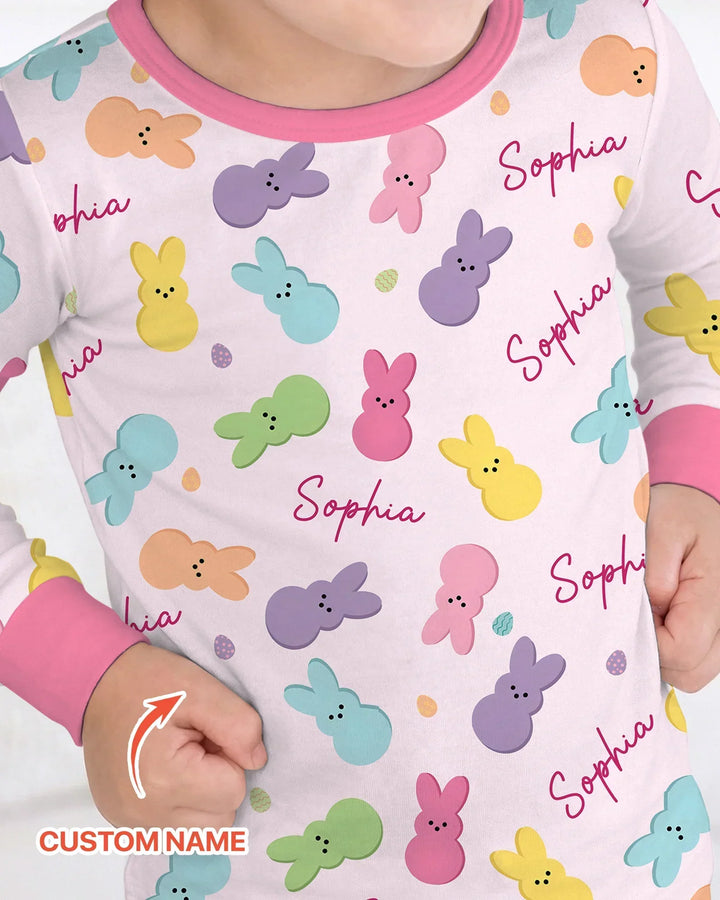 Personalized Easter Bunnies Family Matching Bamboo Two Piece Long Sleeve Pajama Set