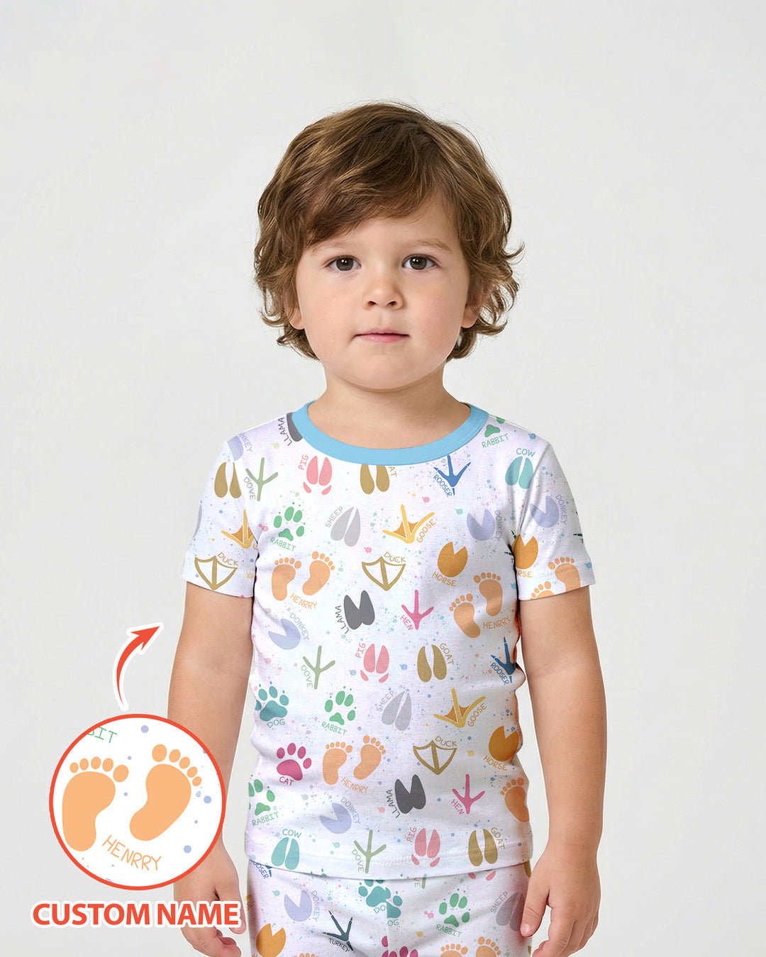 Cute Farm Animal Tracks Custom Name Bamboo Two Piece Short Sleeve Shorts Pajama Set