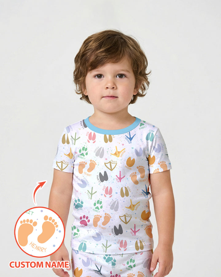 Cute Farm Animal Tracks Custom Name Bamboo Two Piece Short Sleeve Shorts Pajama Set