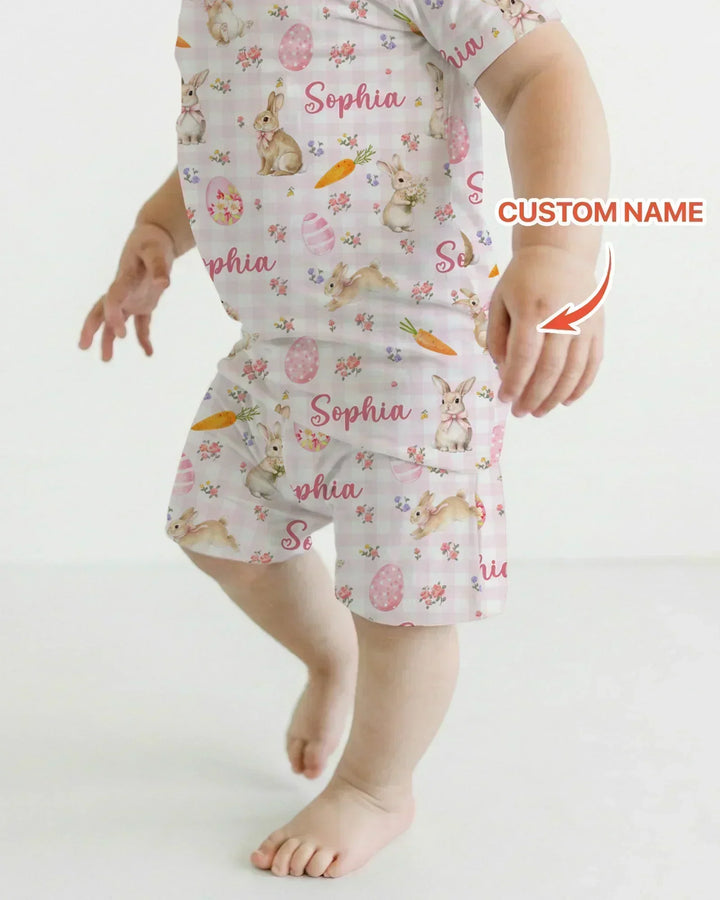 Custom Name Bunny Garden Bamboo Two Piece Short Sleeve Shorts Pajama Set