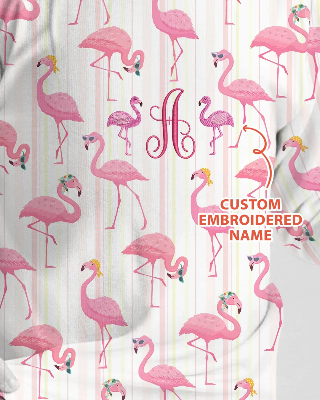 Custom Name Embroidered Flamingo Bamboo Two Piece Long Sleeve Pajama Set