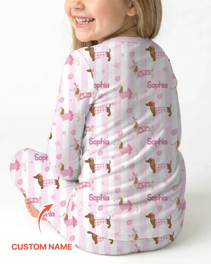 Custom Name Easter Dachshunds Family Matching Bamboo Two Piece Long Sleeve Pajama Set