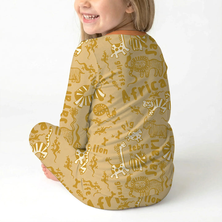 Handdrawn African Animals Bamboo Two Piece Long Sleeve Pajama Set