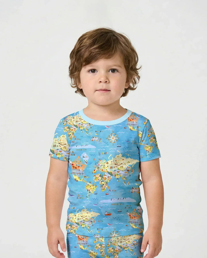 Whimsical World Map Family Matching Bamboo Two Piece Short Sleeve Shorts Pajama Set