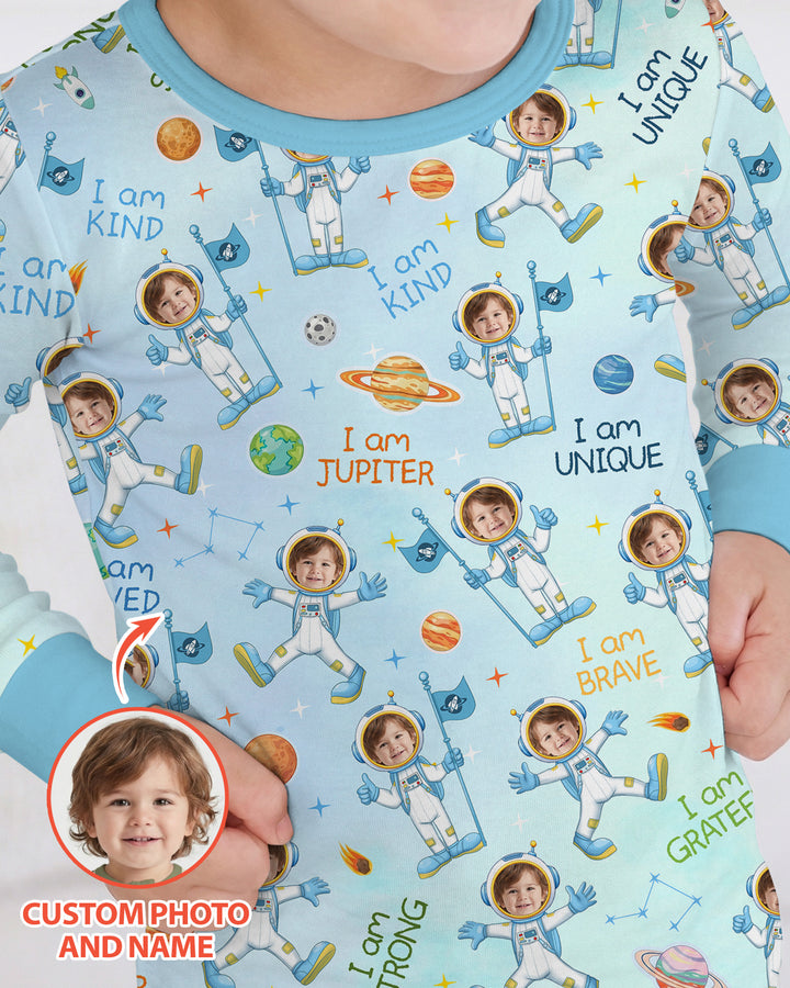 Custom Photo Kid Affirmations I Am Kind Astronaut Bamboo Two Piece Long Sleeve Pajama Set