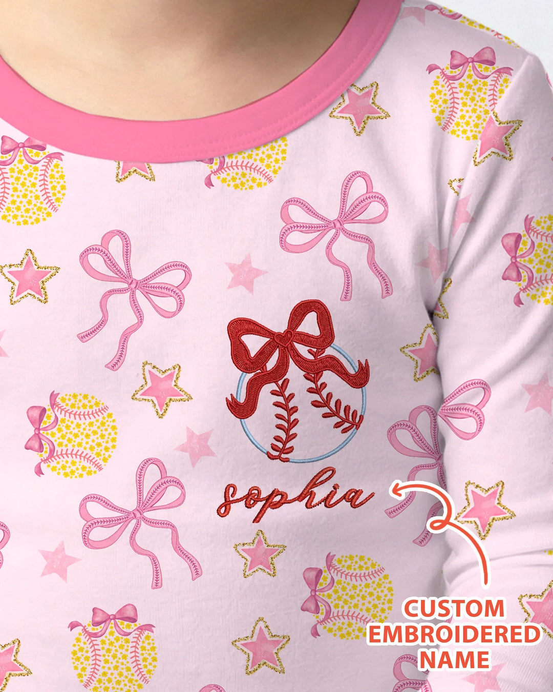 Custom Embroidered Softball Bow Baby Bamboo Two Piece Long Sleeve Pajama Set
